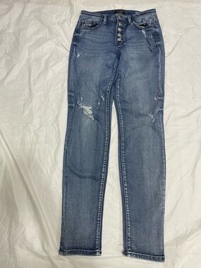 Judy Blue Medium Blue Distressed Skinny Jeans with Button-Fly
